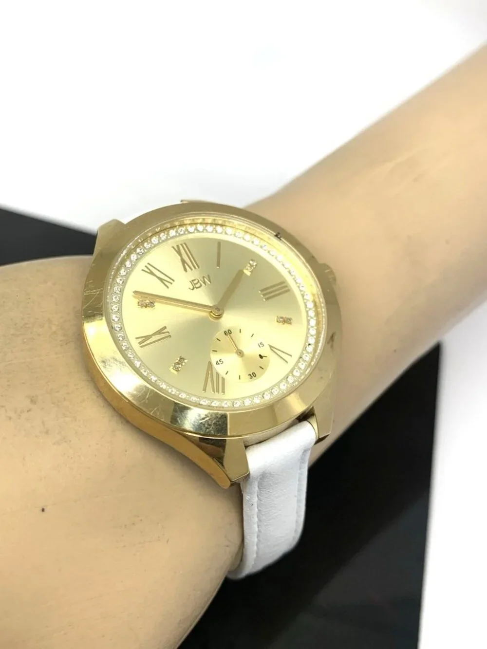 JBW Women's Watch J6309 Aria Quartz Gold Dial White Leather Strap 40mm